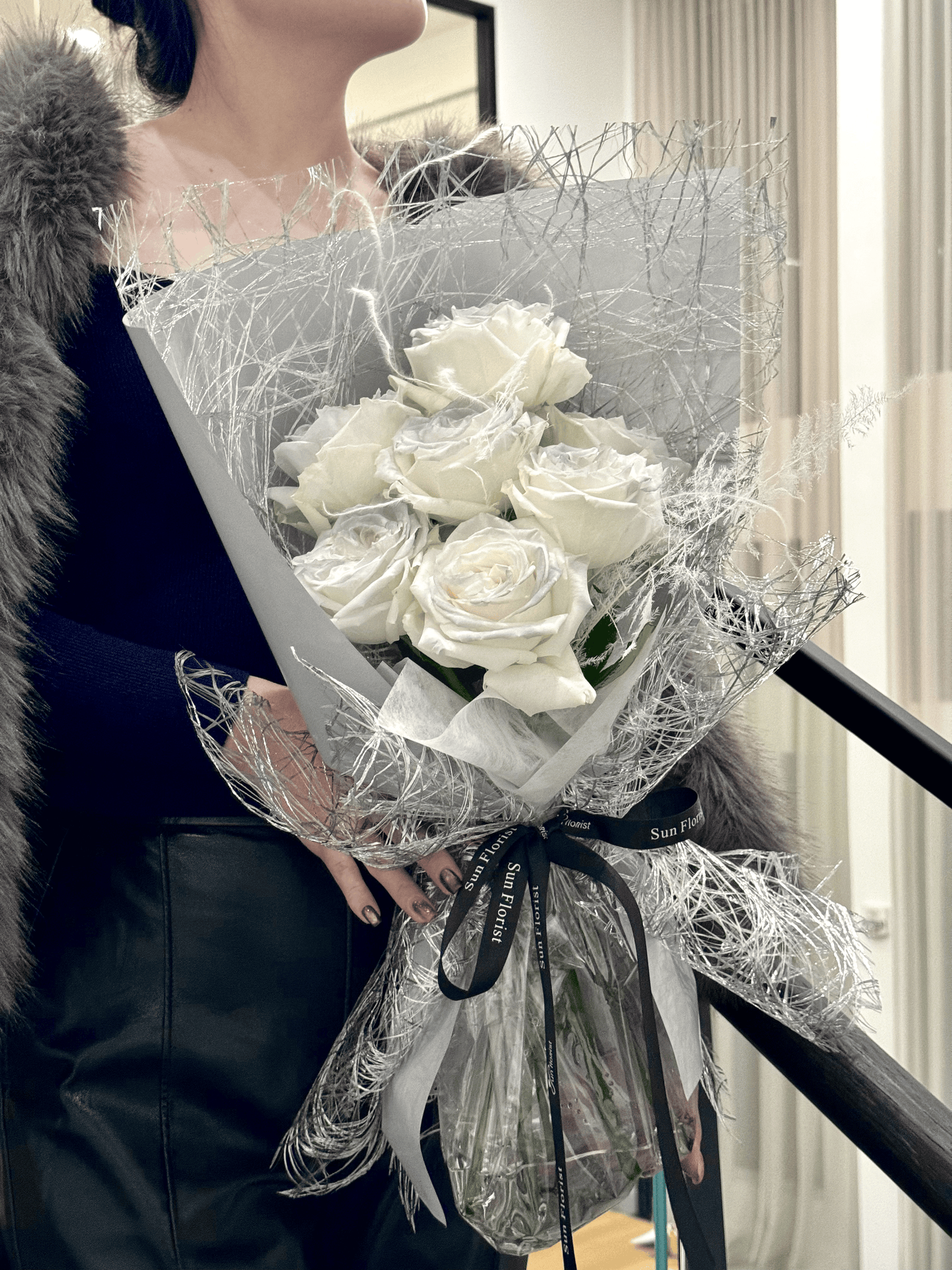 Premium White Roses with Silver Mesh