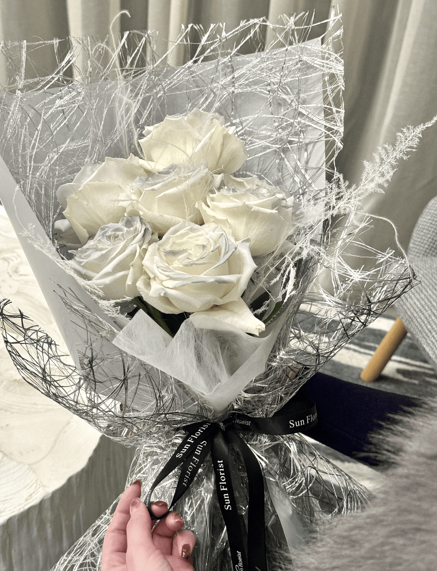 Premium White Roses with Silver Mesh