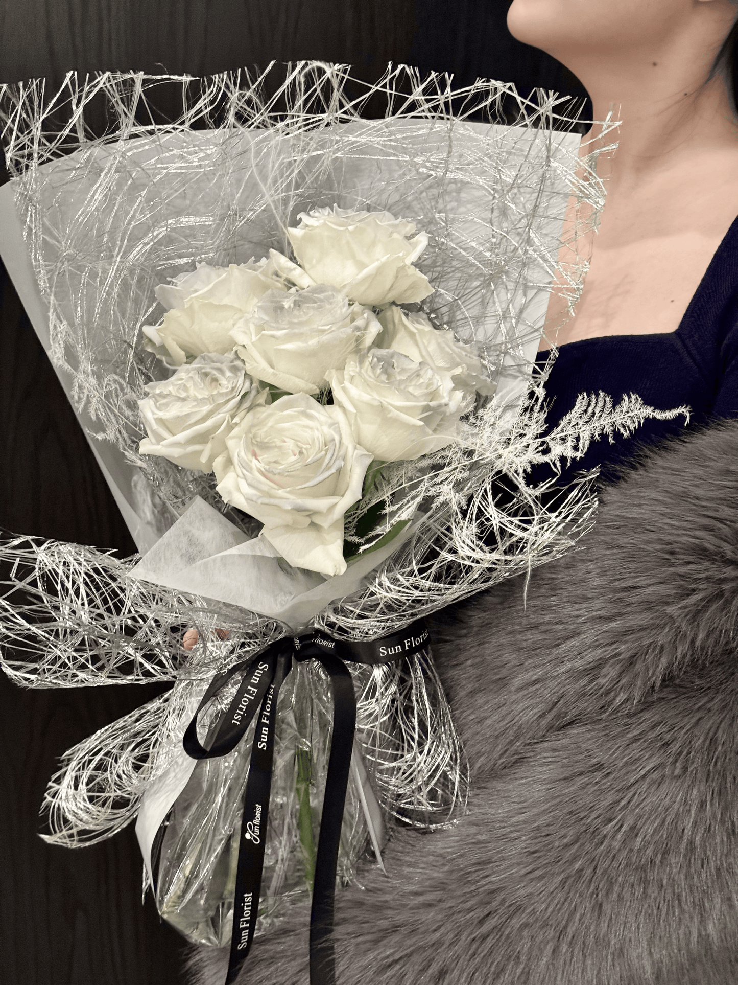 Premium White Roses with Silver Mesh