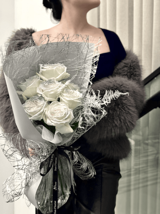 Premium White Roses with Silver Mesh